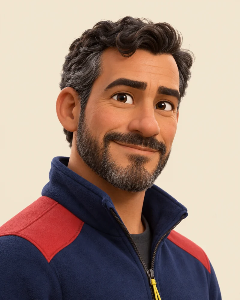 Retrato ilustrado de André, guia brasileiro da We Love Chile