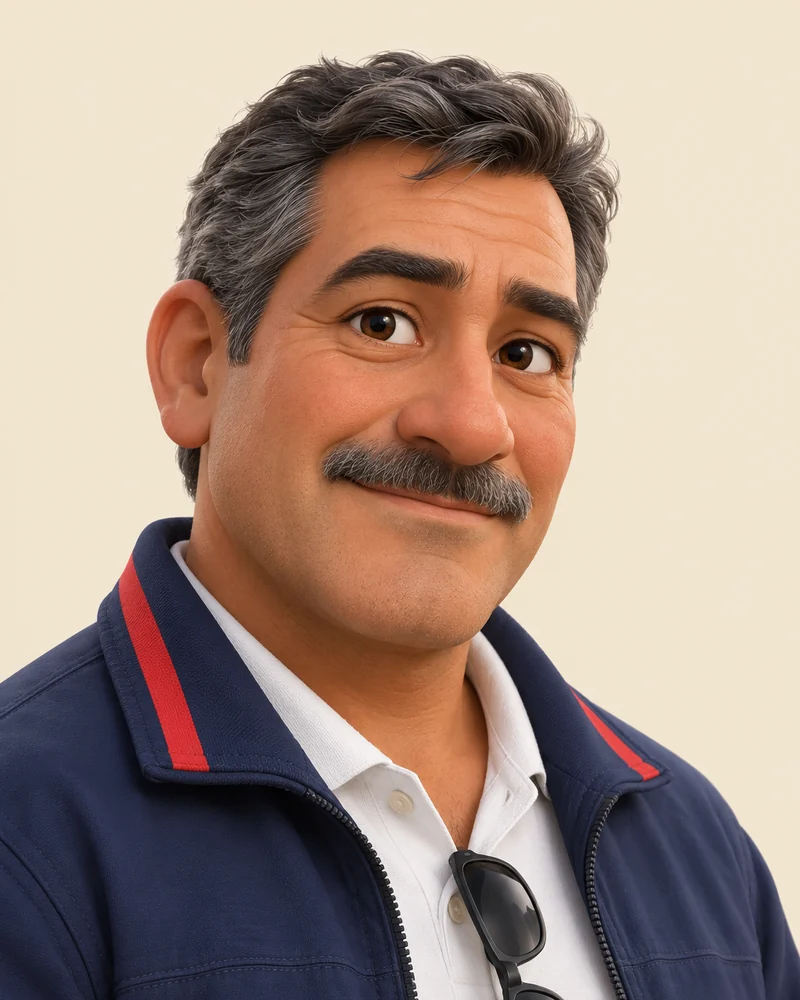 Retrato ilustrado de Sebastián, motorista da We Love Chile