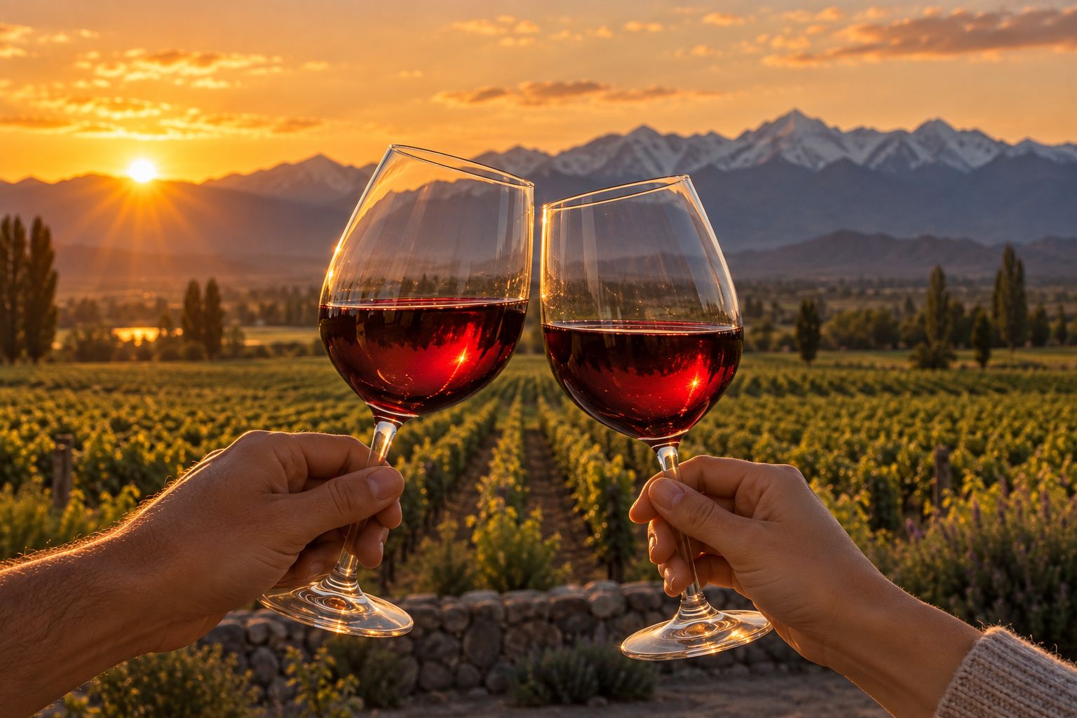 Ilustração: brinde com vinho tinto no pôr do sol sobre o vinhedo
