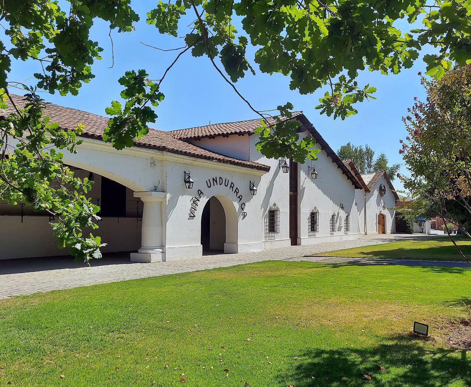 A casa principal da Viña Undurraga, entre árvores e gramado